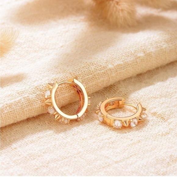 GOLD 14k Gold Plated Spiked Cubic Zirconia Hoop Earrings - Picture 2 of 3